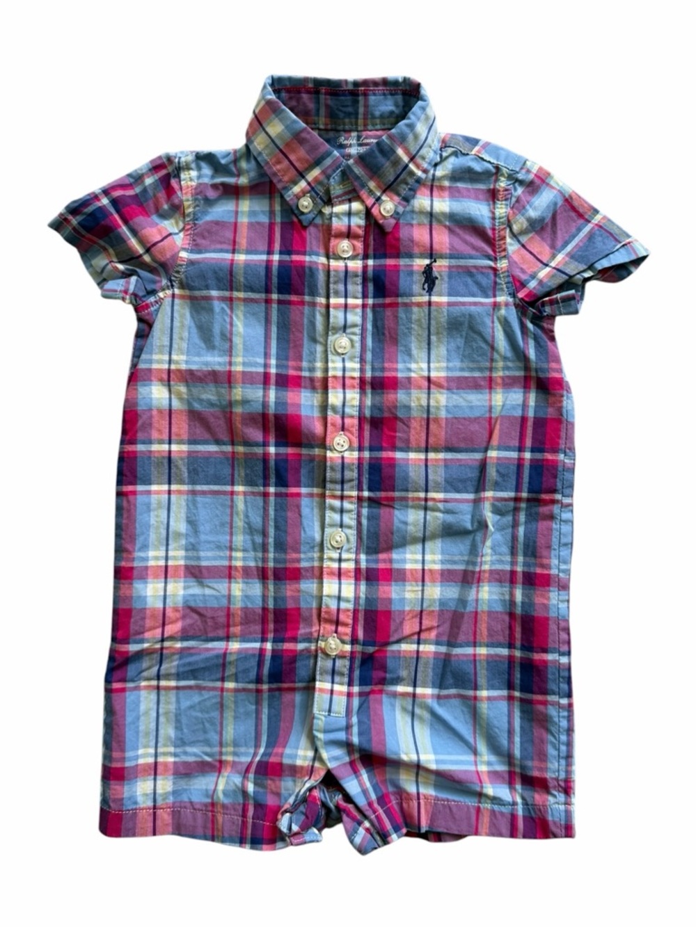 Ralph Lauren Baby Boy Plaid Romper Shortall 6M Cotton Button Front Collared